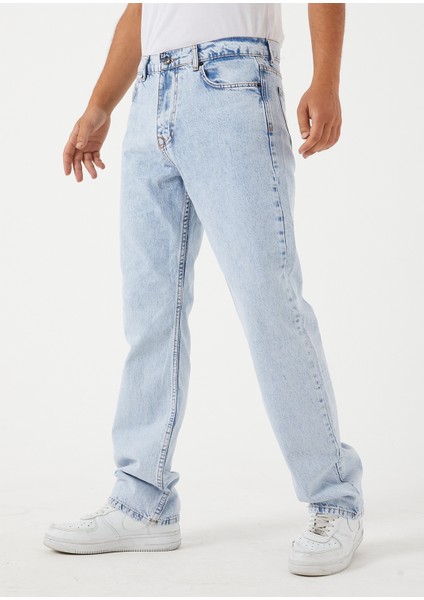 Erkek Açık Mavi Baggy Düz Bol Kesim Boru Paça Kot Pantolon