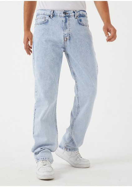 Erkek Açık Mavi Baggy Düz Bol Kesim Boru Paça Kot Pantolon