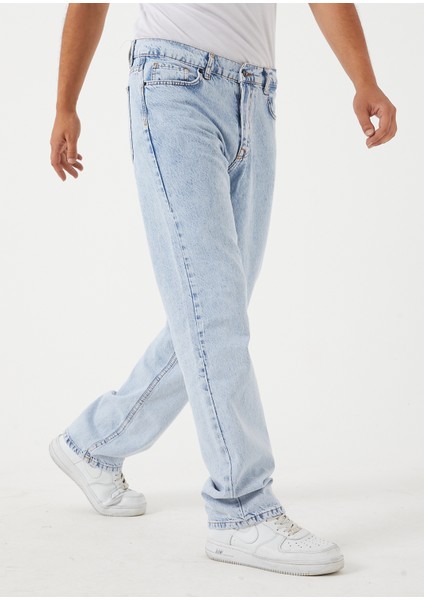 Erkek Açık Mavi Baggy Düz Bol Kesim Boru Paça Kot Pantolon