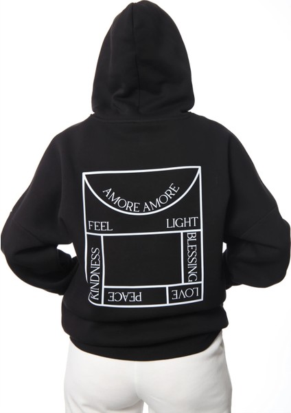 Amore Oversize Hoodie Kadın - Siyah