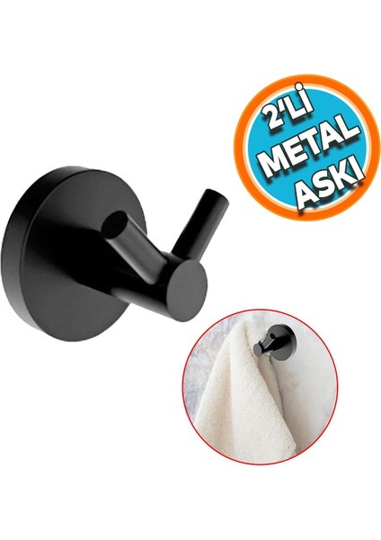Metal Sağlam Banyo Lavabo 2'li Askılık Aparat Bornoz Havlu Asma Askı Vidalı Siyah Renk