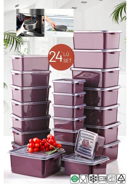 Mikrodalga ve Difrizde Kullanılabilen Saklama Kabı Seti Dikdörtgen 24'lü Mürdüm