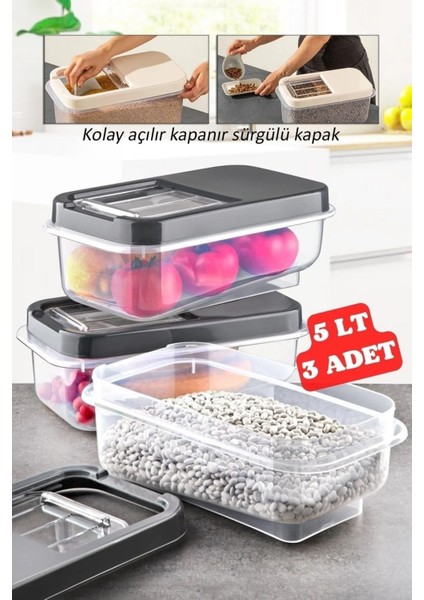 3 Adet 5 Lt Kolay Kayar Kapaklı Multibox Erzak Bakliyat Vs. Saklama Kabı Antrasit