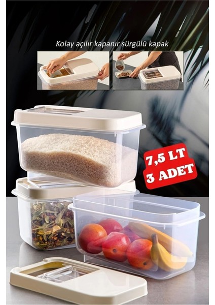 Multibox 7,5 Lt Kolay Kayar Kapaklı Çok Amaçlı Erzak, Bakliyat Vs. Saklama Kabı 3 Adet