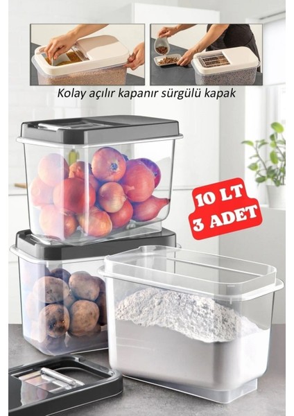 3 Adet 10 Lt Kolay Kayar Kapaklı Multibox Erzak Bakliyat Vs. Saklama Kabı Antrasit