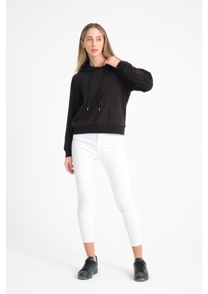 Siyah Kanguru Cepli Kadın Kapüşonlu Sweatshirt