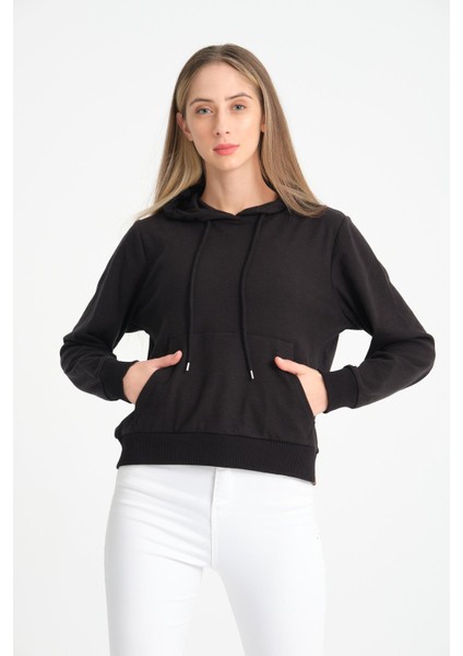 Siyah Kanguru Cepli Kadın Kapüşonlu Sweatshirt fiyatları