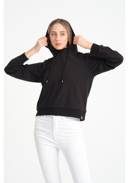 Siyah Kanguru Cepli Kadın Kapüşonlu Sweatshirt modelleri
