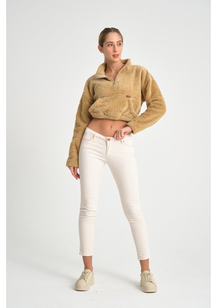 Kahve Yarım Fermuar Uzun Kollu Kadın Peluş Sweatshirt