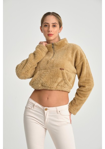 Kahve Yarım Fermuar Uzun Kollu Kadın Peluş Sweatshirt fiyatları