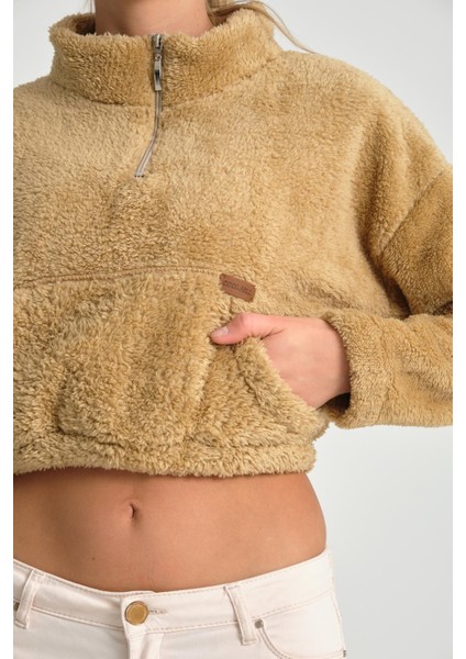 Kahve Yarım Fermuar Uzun Kollu Kadın Peluş Sweatshirt modelleri