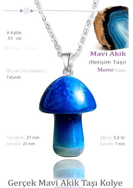 Sertifikalı Mantar Model Mavi Akik Taşı Kolye - Gümüş Aparatlı