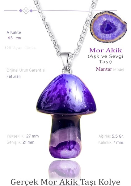 Sertifikalı Mantar Model Mor Akik Taşı Kolye - Gümüş Aparatlı