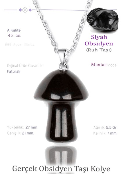 Sertifikalı Mantar Model Obsidyen Taşı Kolye - Gümüş Aparatlı