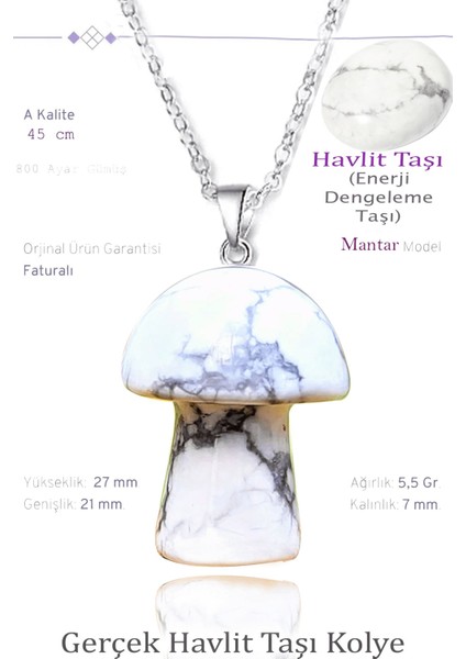 Sertifikalı Mantar Model Havlit Taşı Kolye - Gümüş Aparatlı