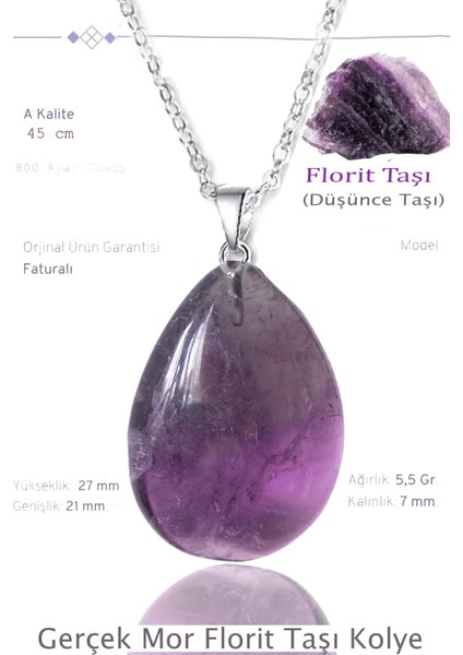 Sertifikalı Damla Model Mor Florit Taşı Kolye - Gümüş Aparatlı