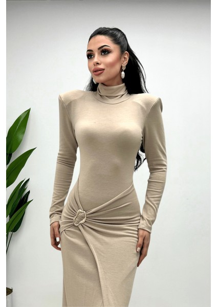 Triko Eteği Toka Detaylı Elbise Krem modelleri