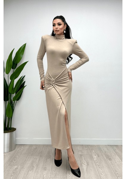 Triko Eteği Toka Detaylı Elbise Krem indirimleri