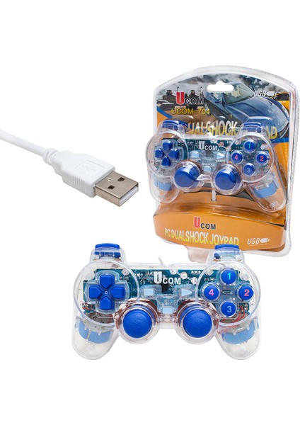 Powermaster UCOM-704 Double Shock Şeffaf Işıklı Joypad Oyun Kolu Joystick Oyun Konsolu Analoglu 1.8 Metre Kablo