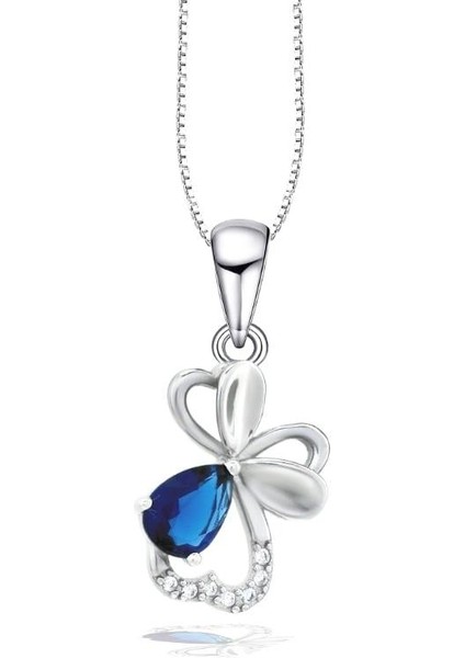 Diamond Serisi Safir Damla Kalp Çiçek Gümüş Kadın Kolye