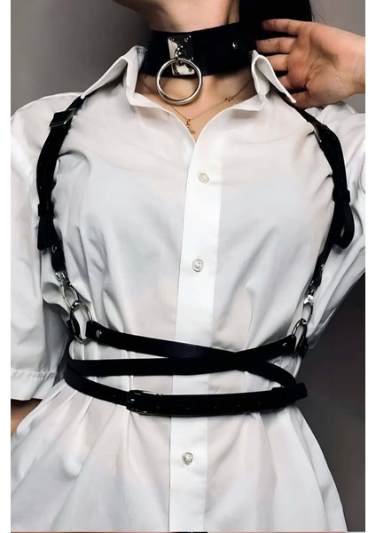 Mlvx Belden Ayarlı Bağlamalı Deri Korse Kemer ve Choker Tasma Takım - 644 Blsm