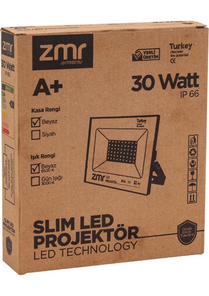 Zmr 30 Watt 6500K 220 Volt IP65 Siyah LED Projektör Lamba Aydınlatma