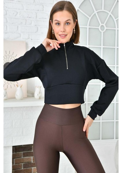 Balıkçı Yaka Fermuarlı Lacivert Kadın Crop Sweatshırt