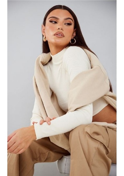 Kadın Boğazlı Uzun Kol Crop-Fitilli Kaşkorse Kumaş