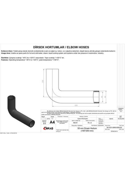 65414 65414 Dirsek Hortumu Q 55MM 15CMX25CM