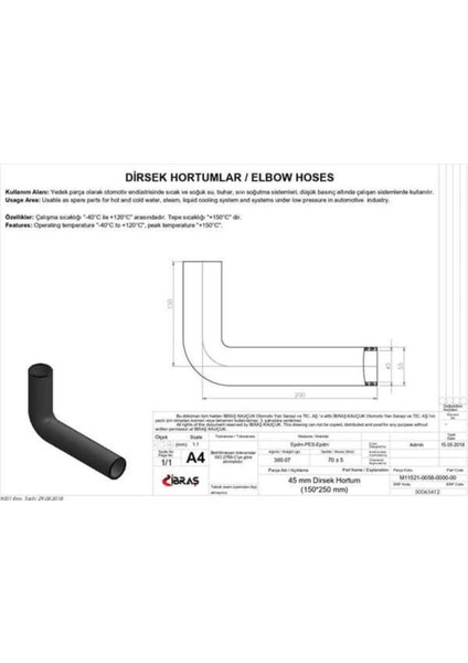 65412 65412 Dirsek Hortumu Q 45MM 15CMX25CM