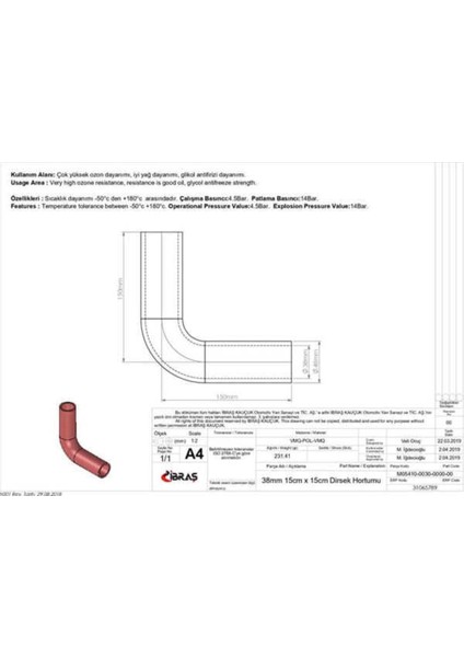 65789 65789 3 Kat Polyesterli Silikon Q 38MM 15CM x 15CM Dirsek Hortumu