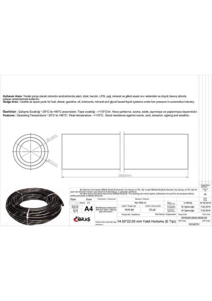 Ibras 68781 Icten Orgulu Yakıt Hortumu 65659 14,0 mm x 22,0 mm Nbr / Cr E Tıpı Makarasız (25M) 25 mt