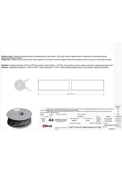 68729 68729 Benzin Hortumu Içten Örgülü 5.0 mm x 11.0 mm Nbr-Cr-E Tipi Makaralı