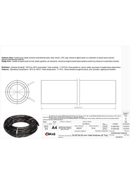 68785 68785 Içten Orgulu Yakıt Hortumu 65661 16.0 mm x 24.0 mm Nbr / Cr E Tipi Makarasız 25M