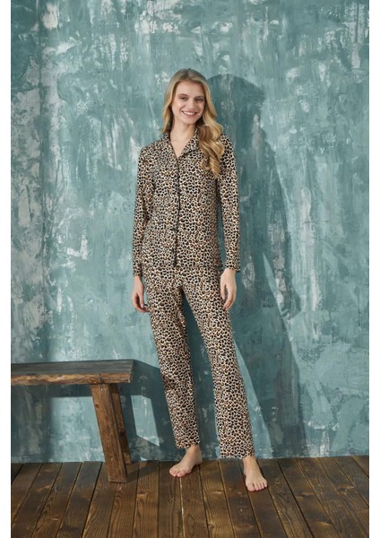 Kadın Uzun Kol Süet Gömlek Yaka Leopar Pijama Takımı C2T0N5O01-6 fiyatları