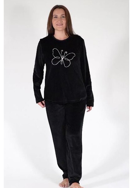 Kadın Büyük Beden Uzun Kol Kadife Siyah Pijama Takımı C3T0N6O006