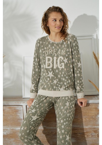 Kadın Uzun Kol Jakarlı Kalın Haki Pijama Takımı C1T5N0O91