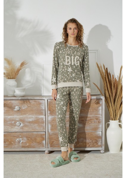 Kadın Uzun Kol Jakarlı Kalın Haki Pijama Takımı C1T5N0O91 fiyatları