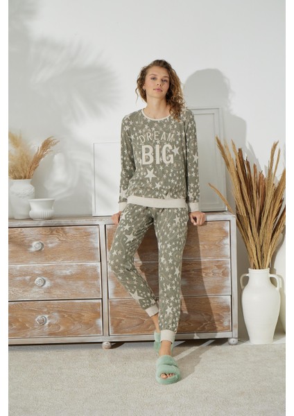 Kadın Uzun Kol Jakarlı Kalın Haki Pijama Takımı C1T5N0O91 fırsatları