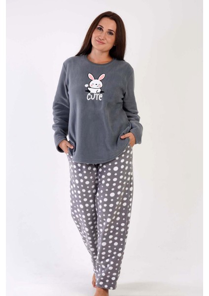Kadın Büyük Beden Uzun Kol Polar Gri Pijama Takımı C3T0N3O175