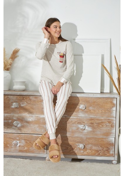 Kadın Uzun Kol Bej Melanj Pijama Takım C1T5N4O14