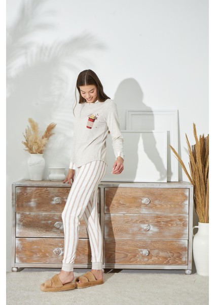 Kadın Uzun Kol Bej Melanj Pijama Takım C1T5N4O14