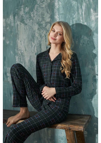 Kadın Uzun Kol Süet Gömlek Yaka Ekose Yeşil Pijama Takımı C2T0N5O01-5