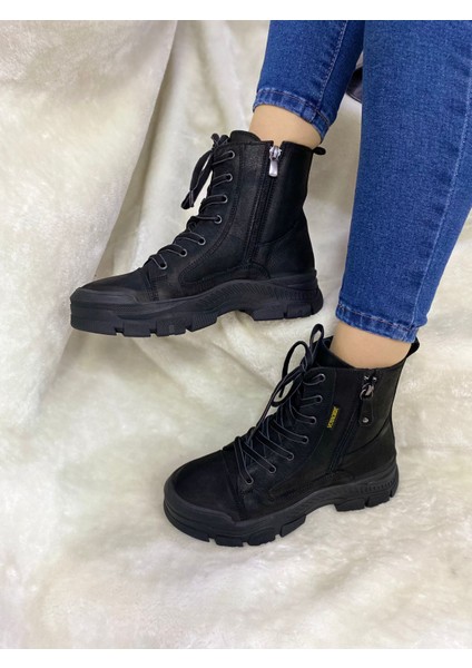 Gerçek Crayz Deri Siyah Fermuarlı Kadın Bot (B8) - Siyah - 38 - ST01568-SİYAH-38