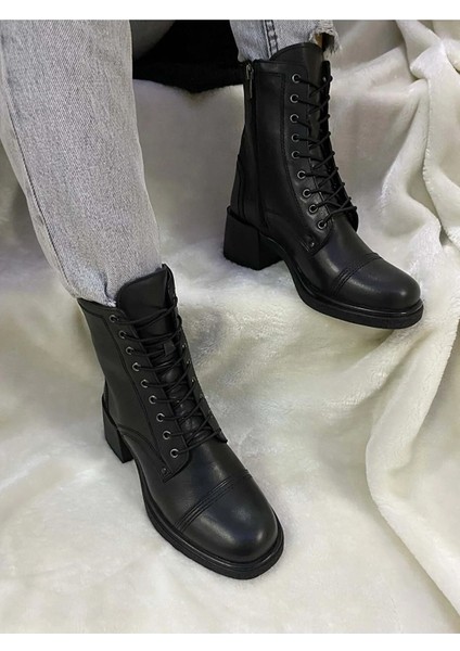 Gerçek Deri Siyah Lastik Bağlı Kadın Postal (B19) - Siyah - 39 - ST01562-SİYAH-39