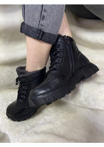 Siyah Gerçek Crayz Deri Fermuarlı Bot (F006) - Siyah - 33 - ST01626-SİYAH-33