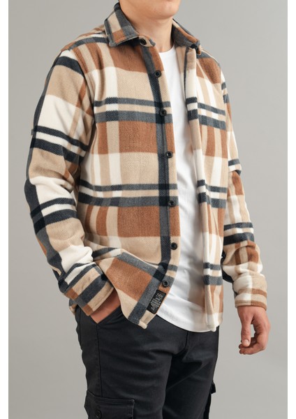 Slim Fit Erkek Polar Gömlek Kahve Krem