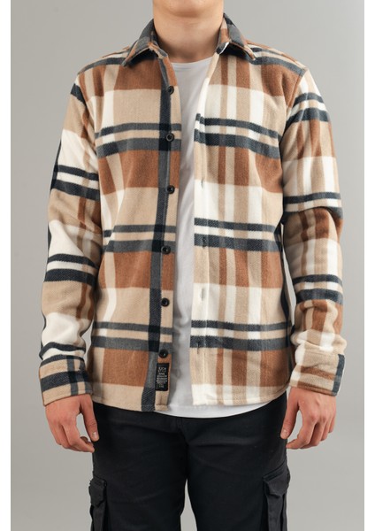 Slim Fit Erkek Polar Gömlek Kahve Krem