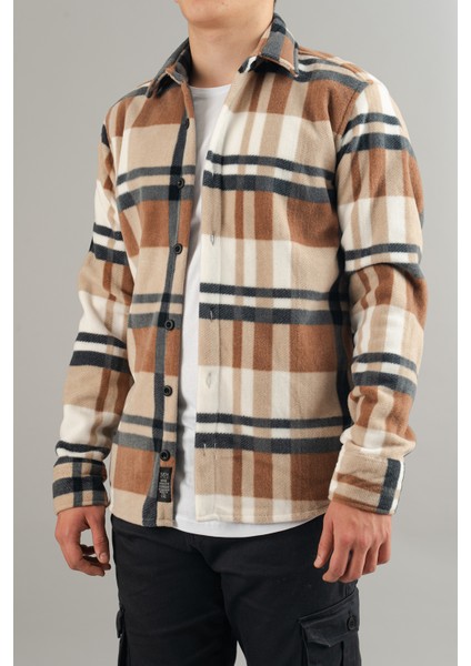 Slim Fit Erkek Polar Gömlek Kahve Krem