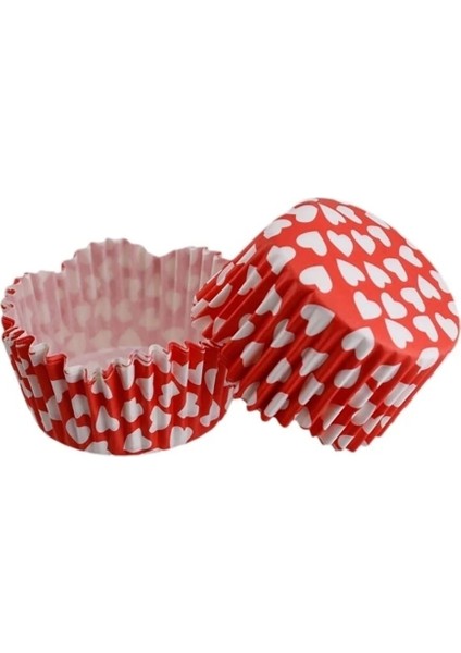 Cupcake Kalıbı Pet Kapsül Kırmızıya Beyaz Kalp Desenli Dalgalı Kek Kalıbı 65X38 mm - 100'LÜ 3.8 cm